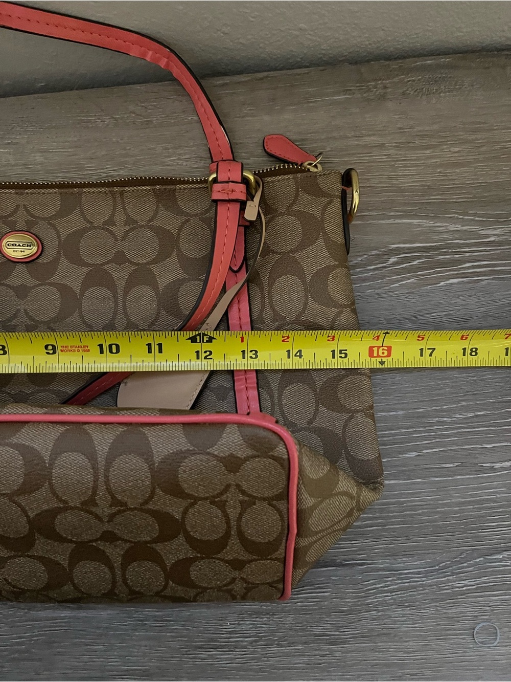 Pink vintage monogram Coach Brown Signature Canvas Tote with Coral Trim - Picture 9 of 10